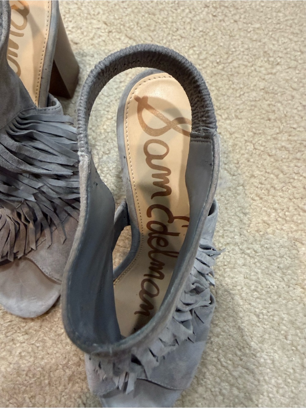 Sam Edelman Gray Suede Fringe Block Heel Sandals with Stacked Heel - Picture 3 of 5